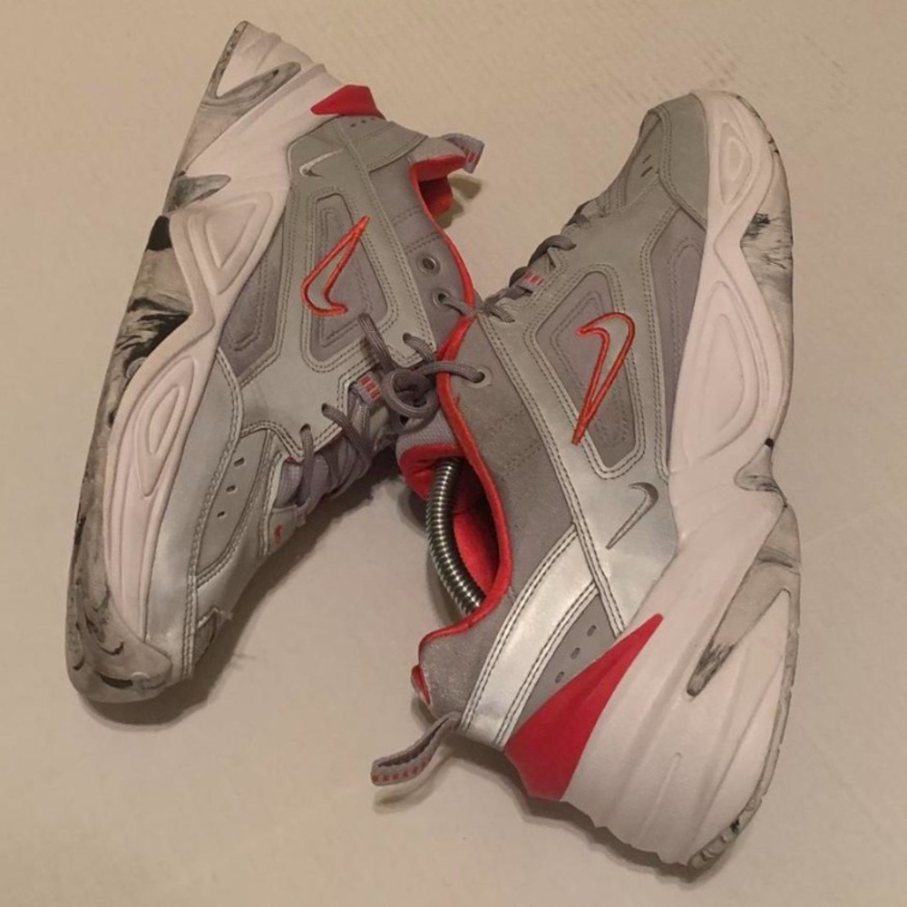 Nike M2K Tekno metallic grey and red/hot pinkish chunky reflective sneakers